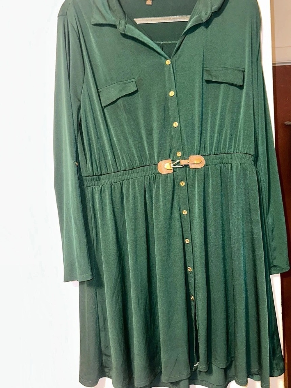 Ryan Michelle Olive Green Button-Front Midi Shirt Dress with Belt Accent Long